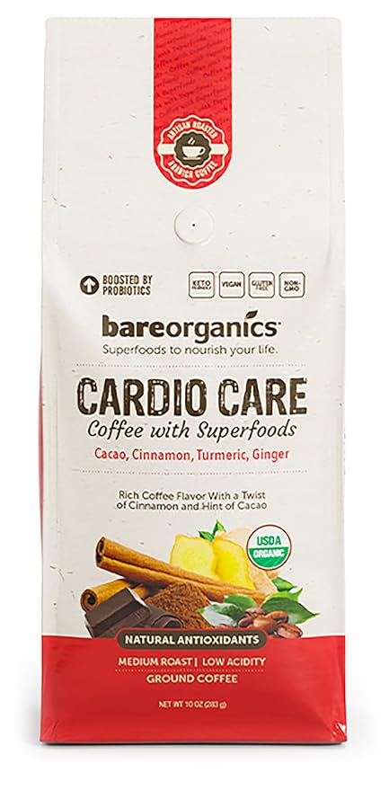 Cardio Care Organic Ground Bagged Coffee – Probiotic Coffee with Cacao, Ginger, Turmeric & Cinnamon – Healthy Superfood, Mold Free, Vegan, Gluten Free 10 oz