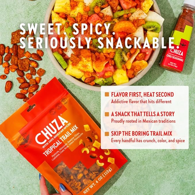CHUZA Spicy Tropical Trail Mix – Bold & Crunchy Snack with 100% Mexican Spices – Peanuts, Almonds, Cashews, Sesame Chips, Corn Nuts & Dried Pineapples – No Cholesterol, High Protein – 4 oz