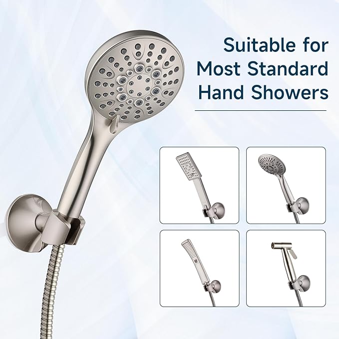 BRIGHT SHOWERS Handheld Shower Head Holder with Dual Angle Positions, Wall Suction Bracket Includes Adhesive 3M Disc, No Tools Required and Easy Installation, Brushed Nickel Finish