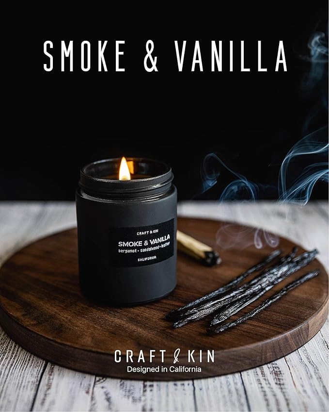 Craft & Kin Premium Smoke & Vanilla Candle | Black Fall Scented Candles for Men | Long Lasting with 45 Hour Burn Time, 7.6oz | Made with Soy | Aromatherapy at Home | Gifts for Men