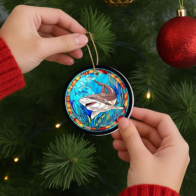 34HD Gifts for Christmas, 2.9"" Ceramic Hanging Ornament for Christmas Tree, Lightweight Both Sides Printed Flat Ornament, Christmas Decoration, Shark