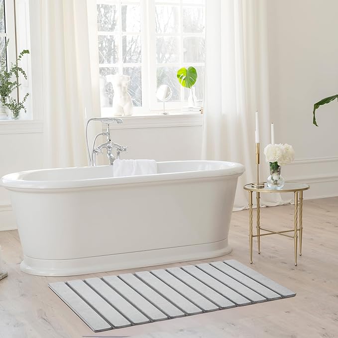 AWW Foldable Stone Bath Mat, Super Absorbent Diatomaceous Earth Mats, Non-Slip 31.5×15.7 Inch Quick Drying Mat, Compact and Easy to Store Bath Mats for Bathroom, Easy to Clean, Light Grey