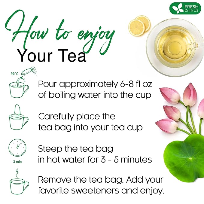 FreshDrinkUS, Premium 75 Lotus Leaf Tea Bags, 100% Natural & Pure from Lotus Leaves. Loose Leaf Lotus Herbal Tea. Made with Eco-Conscious Tea Bags. No Sugar, No Caffeine, No Gluten, Vegan.