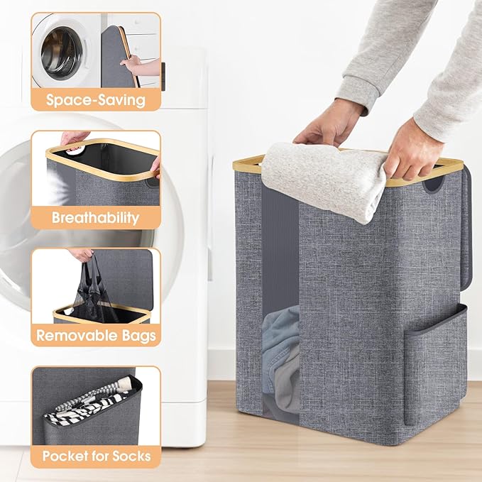 Laundry Basket Clothes Hamper with Lid and Pocket Large Collapsible Laundry Baskets with Handle, Freestanding Hampers for Bedroom Aesthetic, Dorm, Bathroom, Laundry Room (80L,Light Grey)
