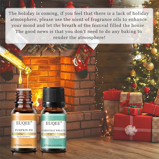 EUQEE Holiday Cheer Premium Fragrance Oils Set of 6 - Forest Pine, Christmas Wreath, Brown Sugar, Harvest Spice, Gingerbread, Pumpkin Pie - Scented Oils for Diffuser, Candle Making (10ml)