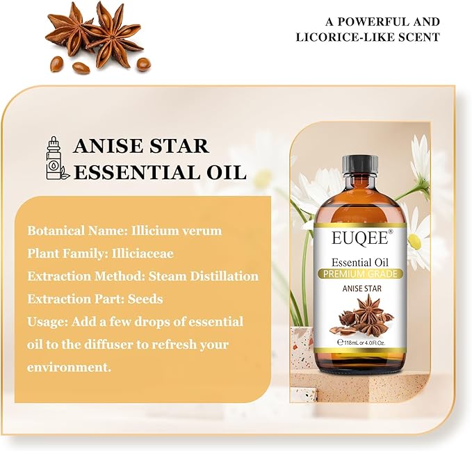 EUQEE Anise Star Essential Oil 4oz / 118ML Large Capacity Anise Star Oil Pure & Premium Fragrance Essential Oil with Glass Dropper for Candle Soap Making, Diffusers
