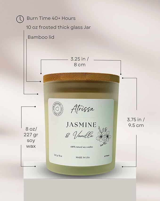 Jasmine Vanilla 8 OZ Handmade Scented Soy Wax Candle, Floral, Sweet, Elegant, Romantic Candle, Non-Toxic Made in The USA Candle for Her or Home (8 Oz, Jasmine Vanilla)