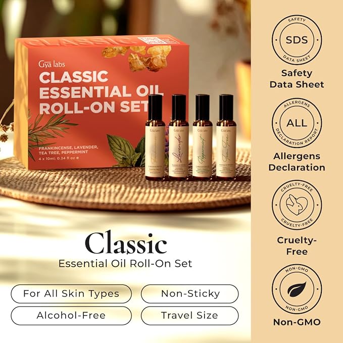 Gya Labs Classic Roll on Essential Oils Set - 100% Pure Natural Frankincense, Peppermint, Lavender, Tea Tree Oil Rollers for Skin & Body Comfort, Relaxing Gift for Women (0.34 Fl Oz Each)
