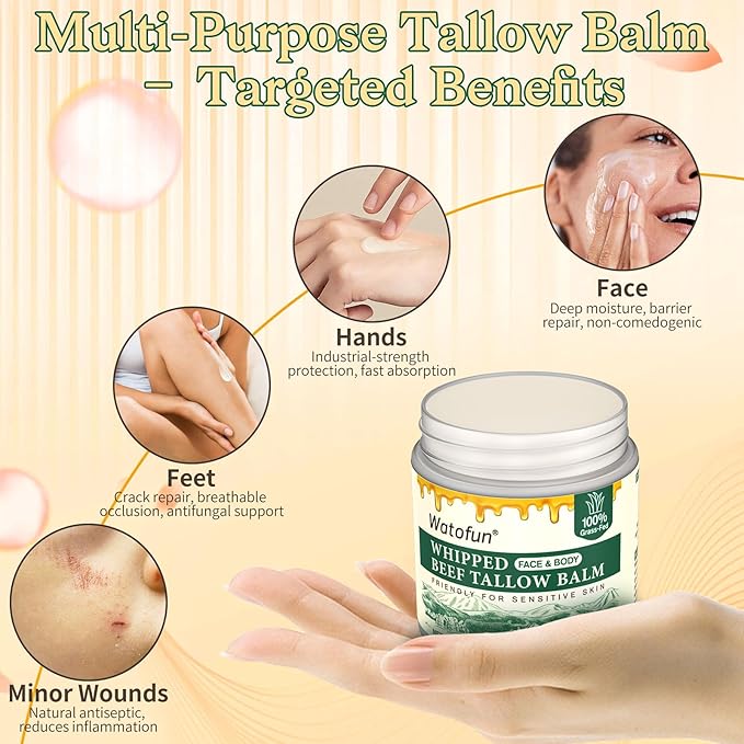 Beef Tallow for Skin with Raw Honey - Multi-Purpose Moisturizer & Repair Cream for Dry, Sensitive Skin - All-Natural, Non-Greasy, Unscented Formula with Beeswax & Olive Oil for Face & Body 4oz