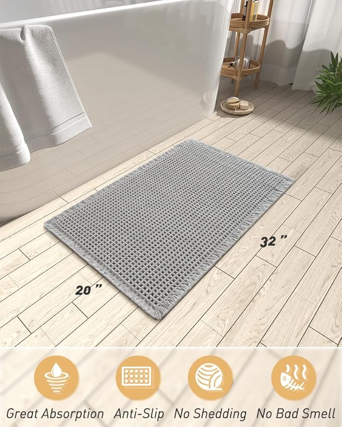 AMOAMI Upgraded Waffle Bath Mat, Super Absorbent Non Slip Bath Mats for Bathroom Floor, Machine Washable Bathroom Rugs with Tassels, Rubber Backed Bathroom Mats, Ultra Soft, 20" x 32", Light Grey