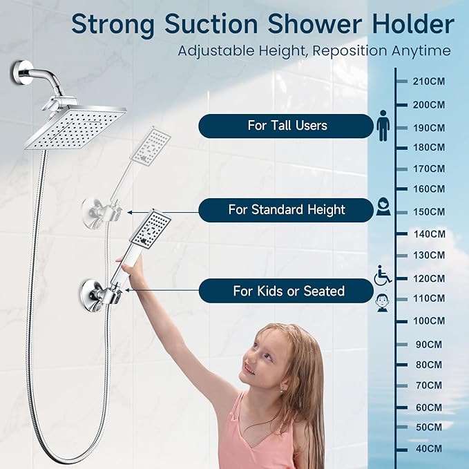 BRIGHT SHOWERS Handheld Shower Head Holder with Dual Angle Positions, Wall Suction Bracket Includes Adhesive 3M Disc, No Tools Required and Easy Installation, Chrome Finish