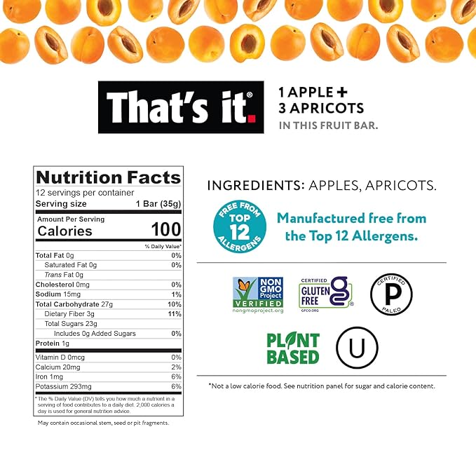 That's it. Apple + Apricot 100% Natural Real Fruit Bar, Best High Fiber Vegan, Gluten Free Healthy Snack, Paleo for Children & Adults, Non GMO No Added Sugar, No Preservatives Energy Food (12 Pack)