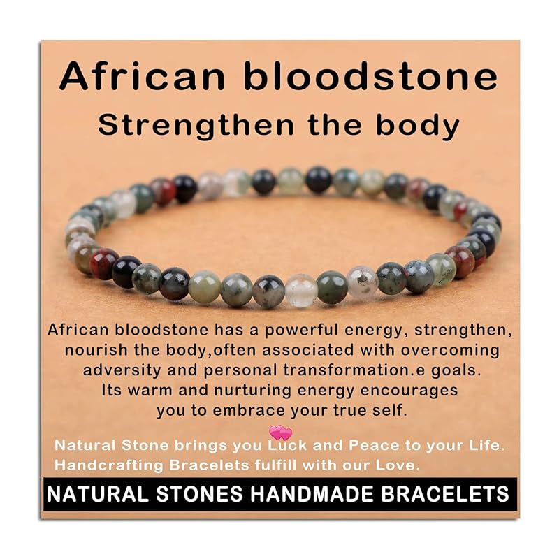 AD Beads Handmade Gemstone Stretch Elastic Bracelet Crystal Healing Reiki Nature's Beauty and Spiritual Essence Unisex (4mm, African Bloodstone (Strengthen the body))