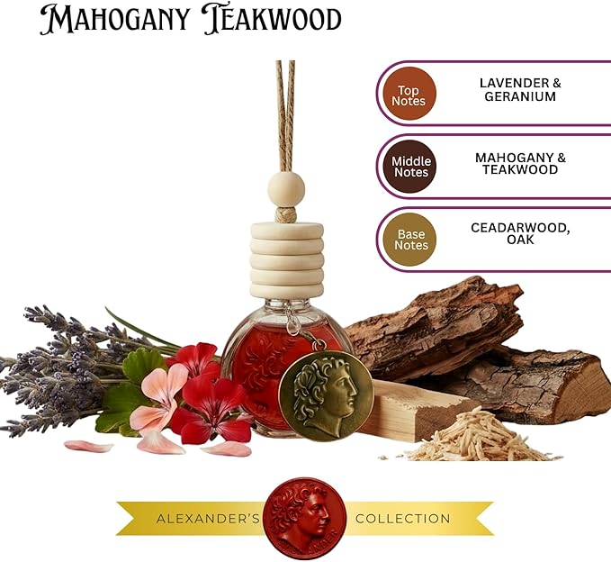 Mahogany Teakwood Car Air Freshener – Alexander Collection by House of Olympus | Luxury Hanging Diffuser | Long-Lasting Scent | Antique Bronze Coin Charm