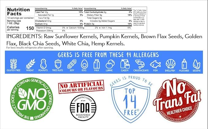 Gerbs Super 7 Seed Snack Mix 14 oz. | Raw, No Additives, Resealable Bag | Crunchy Pumpkin, Sunflower, Brown & Golden Flax, Black & White Chia, Hemp | Top 14 Allergen-Free