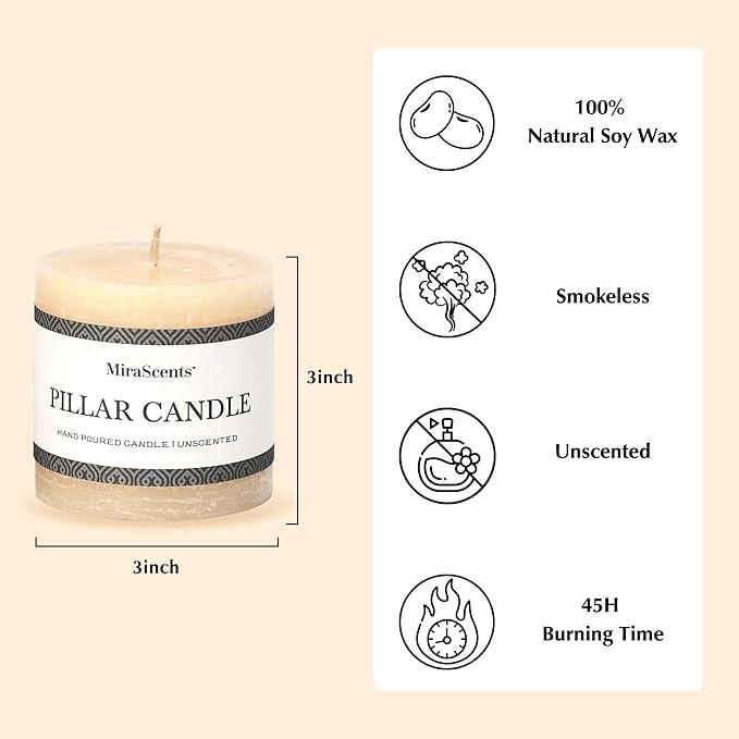 3x3 Inch Ivory Pillar Candles Set of 3 - Hand-Poured Unscented Candles, Long Clean Burning, Large Big Candles, Smokeless Dripless Candles for Dinner Table, Wedding, Home, Bathroom, Rustic Decor