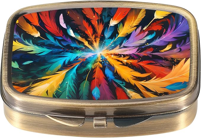 Dynippy Pill Case Pill Box with Mirror Retro Pocket 2 Compartment Medicine Case Vitamin Pill Organizer for Pocket Purse and Travel (Retro- Colored Feather)