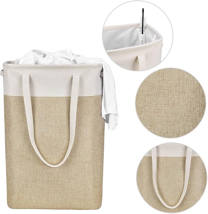 i BKGOO Laundry Basket with Handles Beige&Khaki-Slim Laundry Bin Collapsible Dirty Clothes Basket Narrow Laundry Bag Foldable Dirty Hamper for Camping, Dorms, Apartments