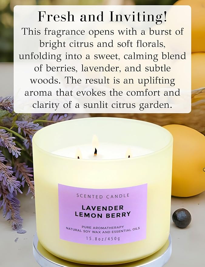 Lavender Lemon Berry Scented Candle | Large Aromatherapy Stress Relief 3 Wick Candles | Highly Scented Soy Candle for Home 15.8 oz | Soothing & Long Lasting Calming Lavender Candles for Women & Men