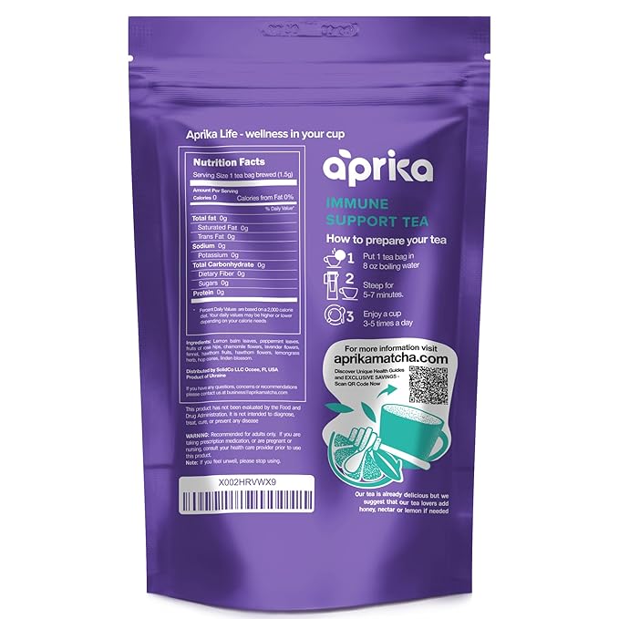 Immunity Booster Decaffeinated Tea Bags, Pure Herbal Immunity Blend - Lemon Balm, Peppermint, Chamomile, Lavender. Immune Support Supplement - 60 Bags by Aprika Life