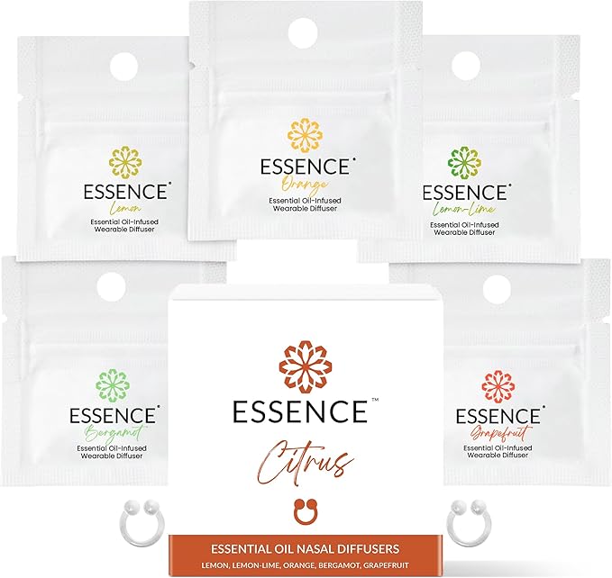 Essence Nasal Diffuser Citrus Bundle – Essential Oil Silicone Nose Rings for Mood, Energy & Positivity – Wearable Aromatherapy Pack with Lemon, Orange, Grapefruit & Bergamot