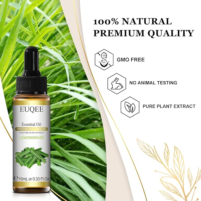 EUQEE Lemongrass Essential Oil 0.33 oz/10 ml Premium Essential Oil for Diffusers, Humidifier, Candle Making, DIY Soap
