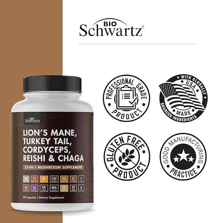 BioSchwartz 13-in-1 Mushroom Complex Capsules - Organic Mushroom Supplement with Lions Mane, Chaga, Reishi, Cordyceps - Supports Focus, Energy, Immune System - with BioPerine for Absorption, 90 Count