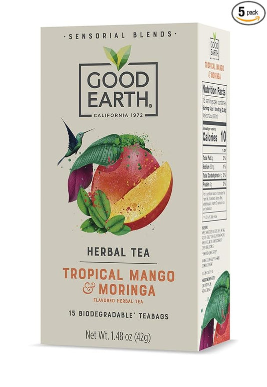 Good Earth Sensorial Blend Flavored Herbal Tea Tropical Mango and Moringa, No Artificial Color, No Preservatives, 15 Bag (Pack of 5)