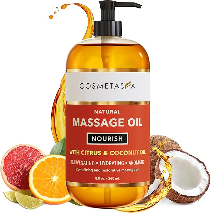 Natural Nourishing Citrus & Coconut Massage Oil- Smooth Glide, Non Greasy Therapeutic Massage Oils with Rejuvenating, Hydrating & Aromatic Essential Oils for Dry Skin, Soothes Muscle & Joints 8.8 oz