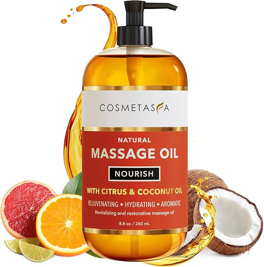 Natural Nourishing Citrus & Coconut Massage Oil- Smooth Glide, Non Greasy Therapeutic Massage Oils with Rejuvenating, Hydrating & Aromatic Essential Oils for Dry Skin, Soothes Muscle & Joints 8.8 oz