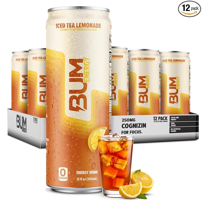 BUM Sugar-Free Energy Drink, Iced Tea Lemonade - No Artificial Colors, Natural Caffeine & Citicoline for Energy & Focus, Brain Boost & Workout Sports Beverage - 12 oz, Pack of 12