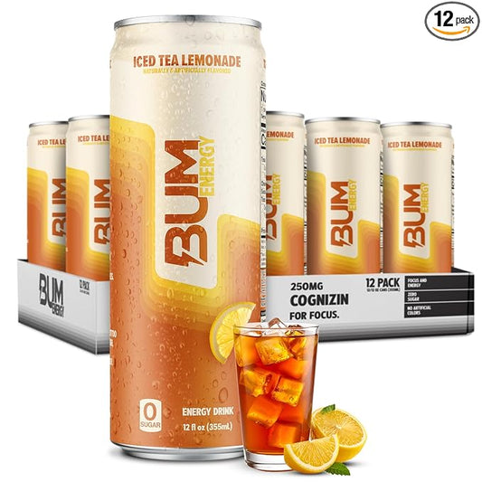 BUM Sugar-Free Energy Drink, Iced Tea Lemonade - No Artificial Colors, Natural Caffeine & Citicoline for Energy & Focus, Brain Boost & Workout Sports Beverage - 12 oz, Pack of 12