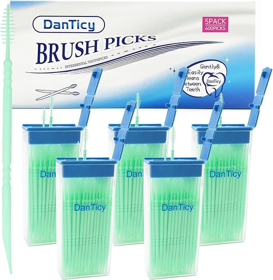 Brushpicks Interdental Toothpicks,Soft Bristle Dental Floss Picks Toothpicks,Helps Removes Plaque and Debris Between Your Teeth 600PCS (Pack of 5) Mint