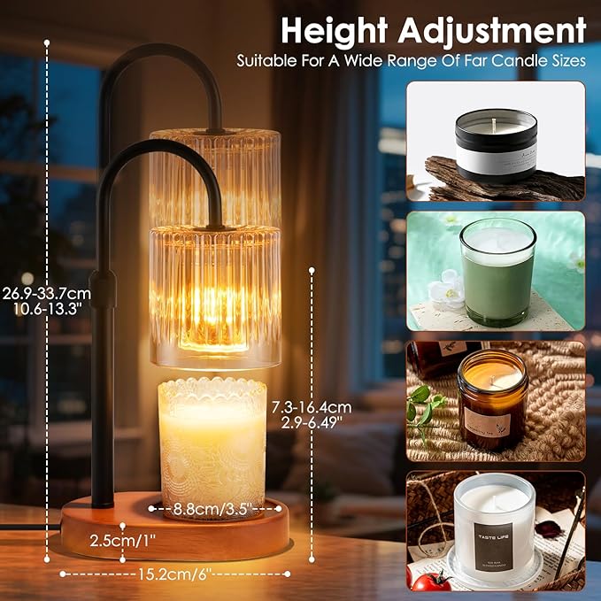 Candle Warmer Lamp with Timer: Modern Style Adjustable Height Candle Warmer Lamp Home Decor Safe Flame Free for Wax Blocks and Jar Candles Amber