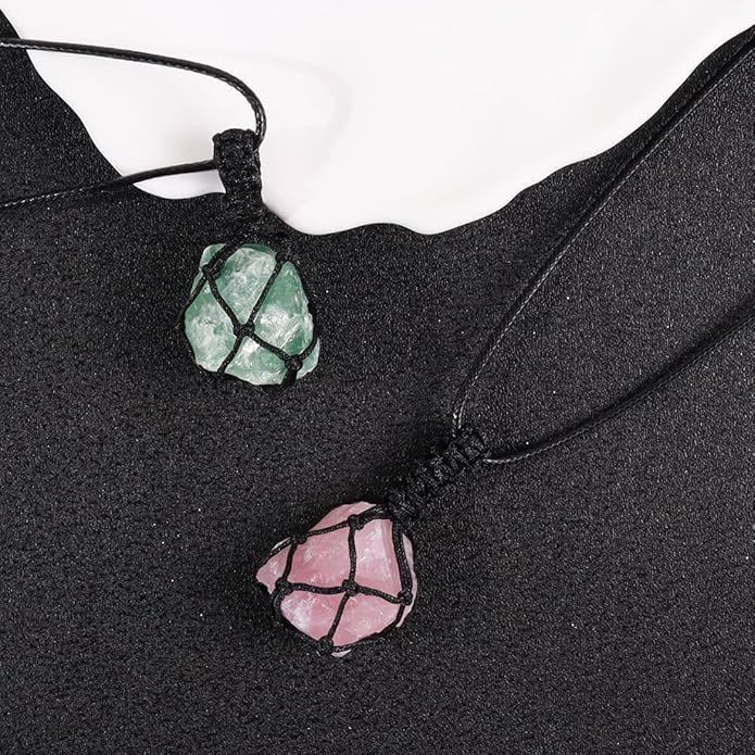 Handmade Natural Gemstone Crystal Pendant Necklace Stone Holder Necklace Cord Net Necklace with Adjustable Length for Women Men