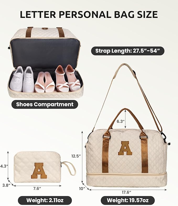 Gifts for Sister-Initial Duffle Bag with Shoe Compartment, Personalized Weekender Bag, Monogram Overnight Bag, Letter Travel Bag with Makeup Bag，Sister Friend Girlfriend Gifts (Letter N)