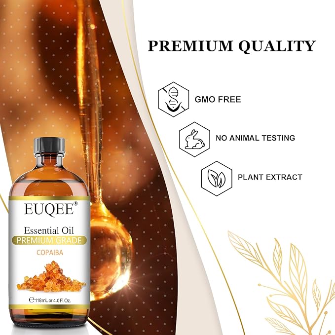 EUQEE Copaiba Essential Oil 118 ml Pure Copaiba Oil Essential Oil with Dropper for Diffusers, DIY Soap, Candle Making, Aromatherapy (4fl oz)