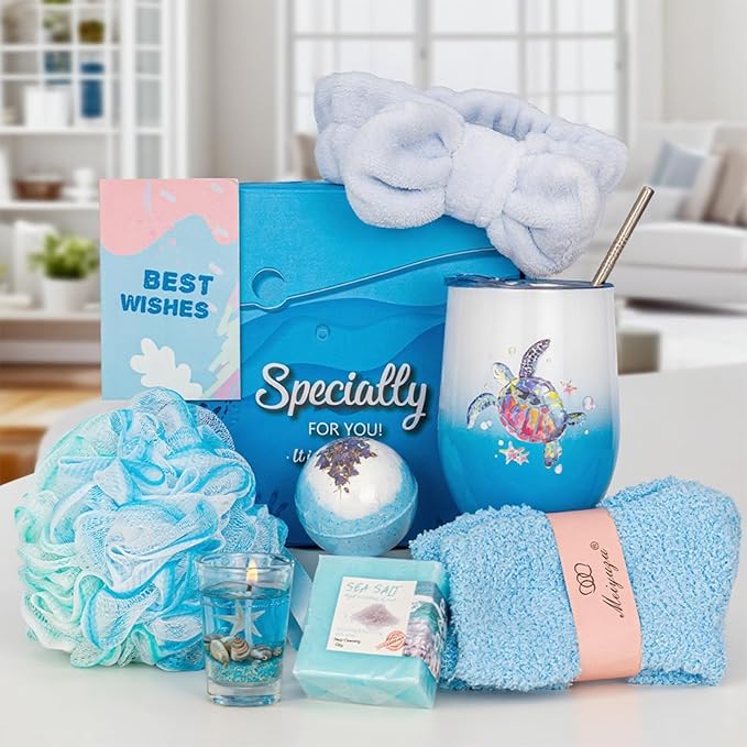 Ocean Gifts Self Care Package for Women, Ocean Spa Gifts for Sea Turtle Lovers, Coastal Beach Theme Relaxing Spa Bath Basket for Her Sister Friends Mom Thinking of You Birthday Christmas