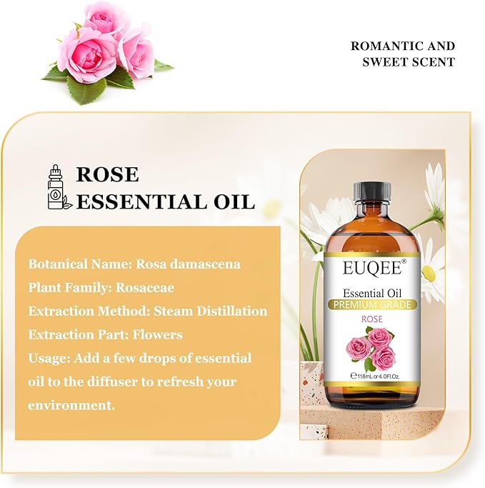 EUQEE Rose Essential Oil 118mL Large Capacity Rose Oil Premium Essential Oil with Glass Dropper for Diffuser, Soap & Candle Making, Aromatherapy - 4Fl. Oz