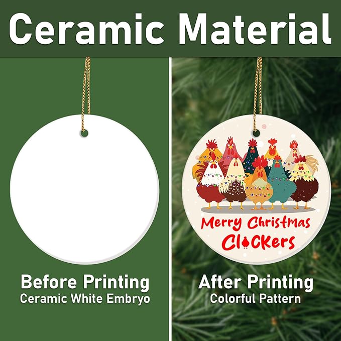 34HD Chicken, Merry Chrismas Ornaments 2025 Ceramic 2-Side Printed, Funny Farm Ornaments for Christmas Tree, Rooster Gifts for Woman Men
