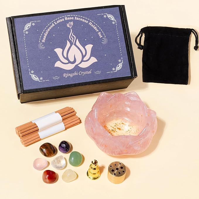 15PCS Incense Holders 40 Incense Sticks Rose Quartz Resin and Crystal Lotus Burner Soothe The Nerves Removable Ash Collector for Meditation, Yoga & Spiritual Home Decor