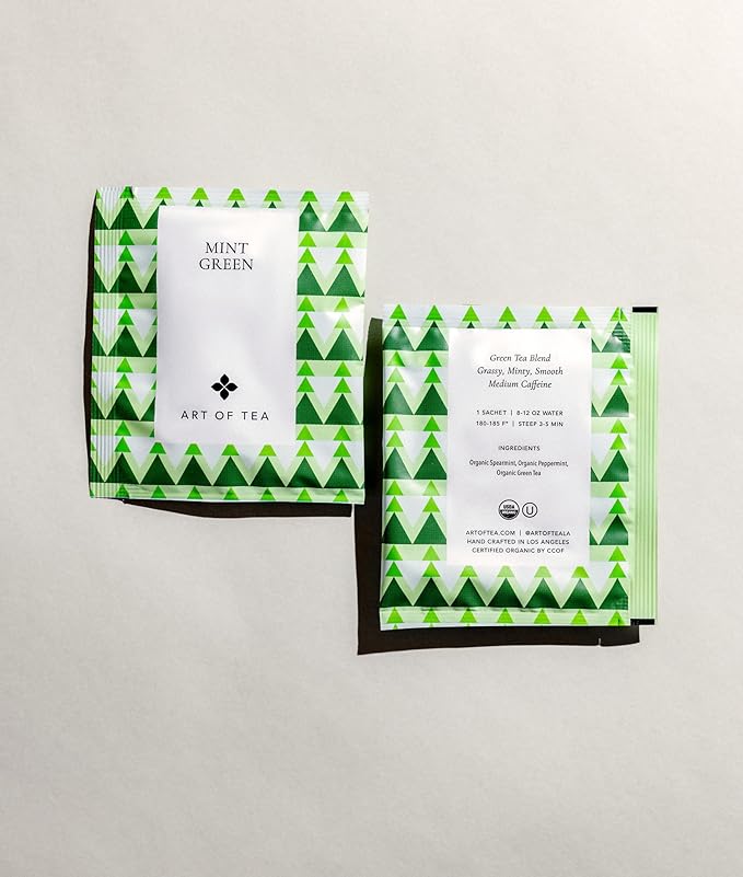 Art of Tea | Organic Mint Green Tea | 12 Count Pyramid Tea Bag Sachets | Spearmint Tea | Organic Peppermint Tea bags