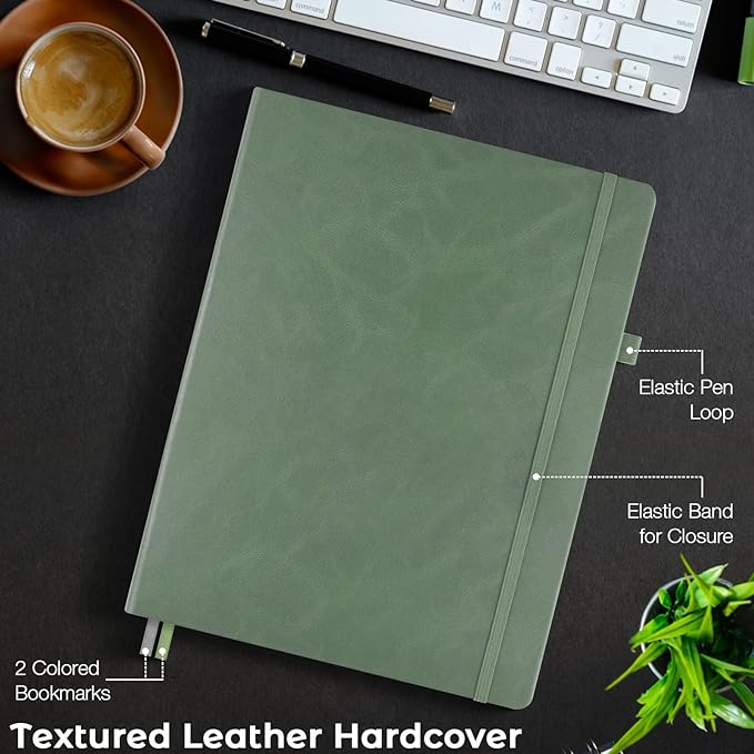 College Ruled Notebook, A4 Hardcover Leather Notebook for Work, Lined Notebook Journal for Women Men, 192 Thick Paper, Lay Flat Large Notebook with Pockets, Professional Business Notebook, Light Green