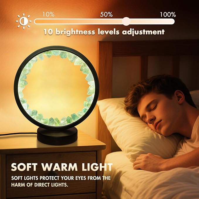 Healing Crystal Bedside Lamp,3 Colors Ambient Night Light,USB Dimming Crystal Table Lamp,Natural Energy Crystal Decor for Bedroom Home Dating Gift (Green, Circle)