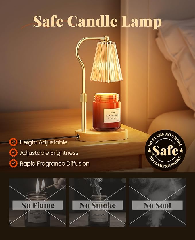 Candle Warmer Lamp, Wax Melt Warmer with 2 Bulbs for Scented Jar Candles, with Timer Dimmer Adjustable Height, Home Decor Gift for Girl Friend Mom Sister Women, No Flame No Smoke Warming Light, Amber