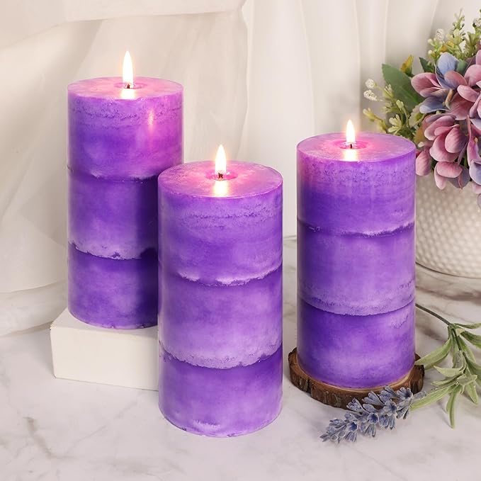 3" x 6" Handmade Pillar Candles Lavender Scented Purple Decorative Candles Long-Lasting Burn Air Clean Lavender Candles for Home Fragrance Rustic Room Centerpieces Wedding Decor,Set of 3