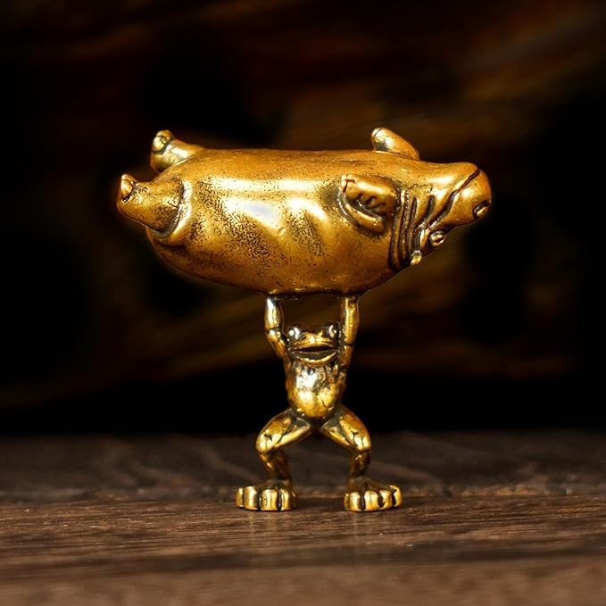 CHOVY Frog & Hippo Sculpture - 100% Solid Brass Tiny Hero Lifting Giant, Whimsical Underdog Story Decor, Unique Office & Bookshelf Statue, Inspirational Gift for Motivational & Fantasy Lovers