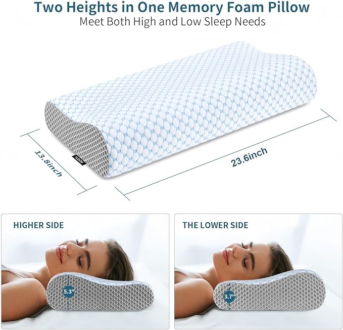 Cervical Neck Pillow for Pain Relief, Contour Memory Foam Pillows for Sleeping, Odorless Ergonomic Pillow Adjustable Orthopedic Cooling Pillow Bed Pillow Neck Support for Side Back Stomach Sleepers