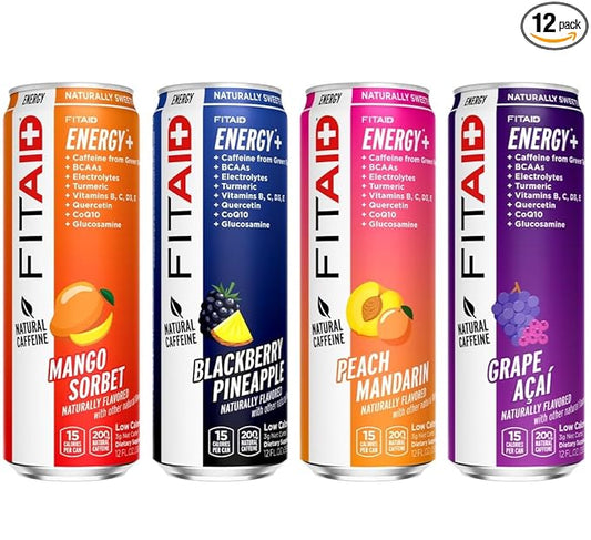 LIFEAID FITAID Energy, 200mg Natural Caffeine, Keto, Variety Pack, Optimum Performance Formula: BCAAs, Quercetin, Electrolytes, Omega-3s, 15 Calories, Paleo, Vegan & Gluten-Free, 12 Fl Oz (Pack of 12)