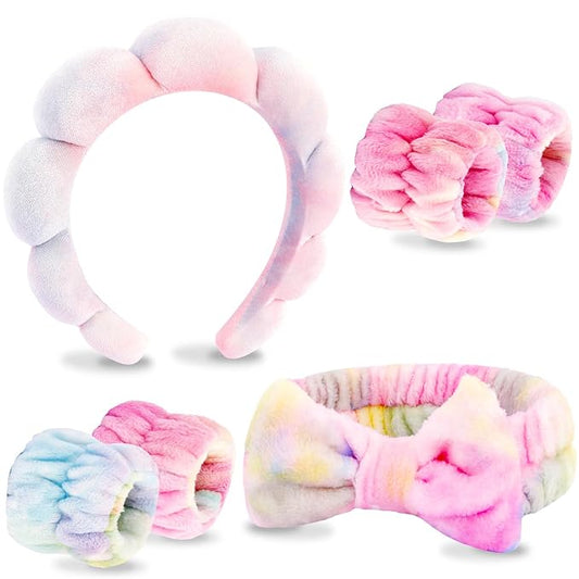 VELSCRUN Spa Headband, Makeup Face Wash Skincare Headbands, 6 Pcs Deep Colorful Sponge Bow Tie Get Ready HairBand Facial Wristband Set, Stuff for Teen Girls Women Trendy Fashion Hair Accessories